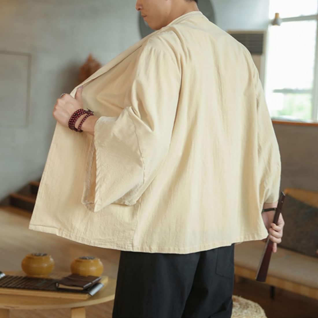 HZCX FASHION Men's Kimono Cardigan Lightweight Jackets Linen Haori Samurai Robe
