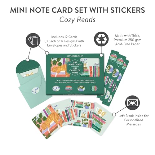 Image of Studio Oh! Cozy Reads Blank Note Card Set with Envelopes and Stickers 12 Pack Assorted Greeting Cards, 260 GSM Textured Paper Stationery for Thank You Cards, Birthday Cards, Gift Card Envelopes