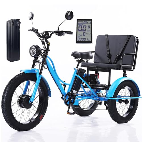 Triciclo De Pedales De 24″ Con NeumáTicos Anchos, Con Asiento Para NiñOs + BateríA De 48V 15Ah (AutonomíA De 40km), Capacidad De Carga De 150kg, Para Caminar Al Aire Libre, Ir De Compras Blue