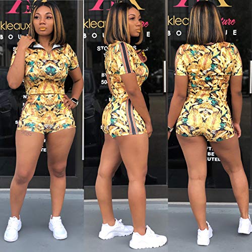Two Piece Outfits for Women - Casual Short Sleeve Floral Print Zip Front Crop Top + Shorts Set Rompers Small Yellow Flower - Thumbnail 2