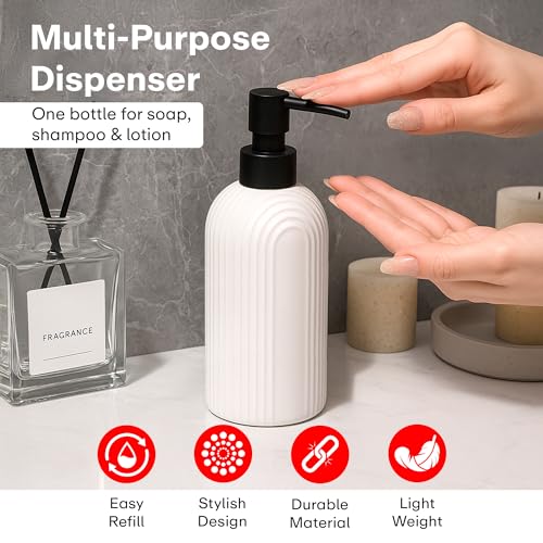 Image of Rioware Ceramic Soap Dispenser Hand Wash Bottles for Basin | Multipurpose Refillable for Liquid Shampoo, Kitchen, Bathroom, and Household Use | 300Ml, Pack of 1 - Solid White