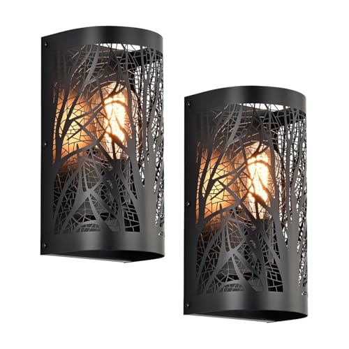 Image of Rustic Wall Sconce Lighting Set of 2, Farmhouse Industrial Tree Branch Metal Wall Lamp Fixtures, Hardwired 1-Light E26 Indoor Living Room Bedroom Hallway Stairway Cabin