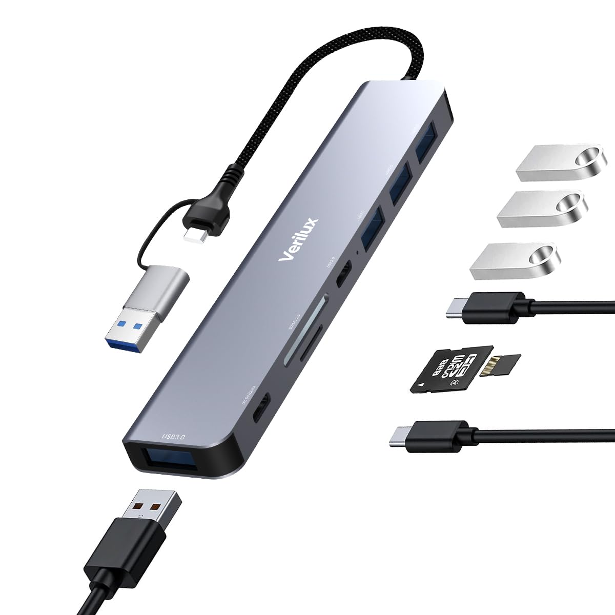 Verilux® USB HUB 3.0 for PC 8 in 1 USB C HUB for Macbook Pro Air with 2.0/3.0 USB Adapter Multiple Port, SD/TF Card Reader, 5V2A Power & Data Port USB Type C Hub for Laptop 20cm USB Hub Long Cable