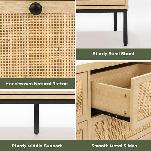 Yechen 59" Wide 9 Drawers Rattan Dresser, Light Wooden Chest of Drawers, Large Boho Dressers with Smooth Metal Slides, Mid-Century Natural TV Stand, Organizer for Bedroom Nursery Closet - Image 5
