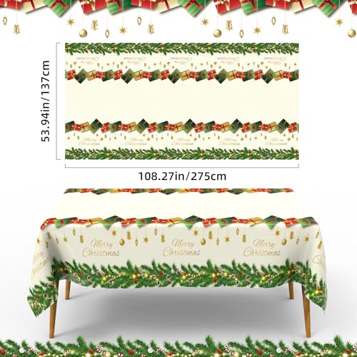 2 PCS Plastic Christmas Tablecloths(54x108 Inch) Rectangle Disposable White Green Holiday Xmas Table Cloths Cover Vinyl Merry Party Favors Supplies Decorations Bell Cane Tree Picnic Dinner Decor – Image 2