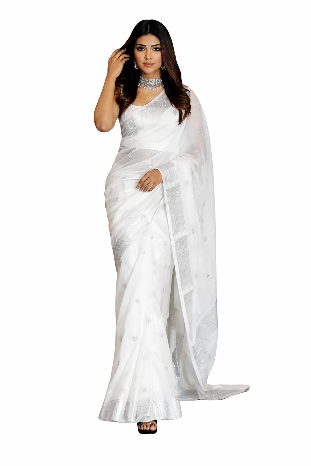 Women's Soft Lichi Silk Printed Saree With Unstitched Blouse 5.5Mtr (White)-63588-picture-38