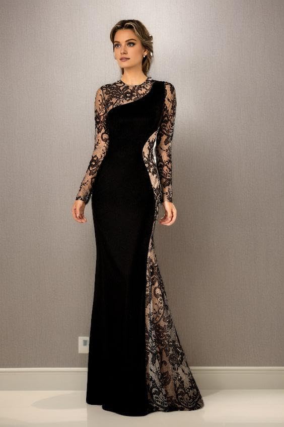 Mermaid Elegant Mother of The Bride Dress Floor Length Long Sleeve Illusion Lace Prom Wedding Formal Dress4