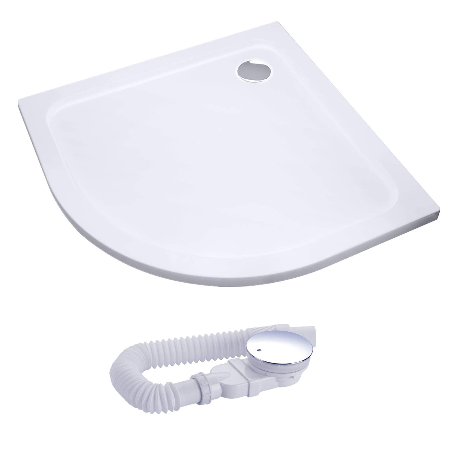 IMPTS Plato de ducha 90 x 90 x 4 cm, redondo, juego completo | Ducha acrílica extra plana blanca para mampara de ducha, incluye desagüe