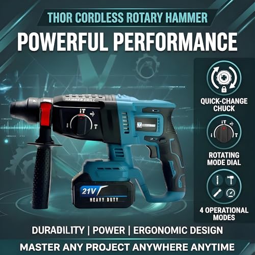 Image of THOR 21V Cordless Rotary Hammer Drill - Brushless Motor, 4.0Ah Lithium-Ion Battery, SDS Plus Chuck 26mm, 4 Modes, 2.2J Impact Energy, 0-1200 RPM, 5000 IPM, Lightweight 4.45lbs