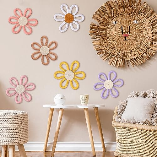 Image of Zeyune 6 Pcs Boho Nursery Daisy Flower Wall Art Decor Woven Macrame Wall Pediments Boho Daisy Floral Nursery Art Decor for Home Bedroom Decorations(Colorful,Yarn and Cotton Rope)