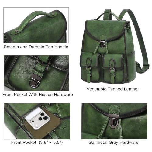 Image of COOLCY Women Vintage Genuine Leather Backpack Purse Fashion Rucksack Practical and Stylish Retro Daypack Bag (Green)