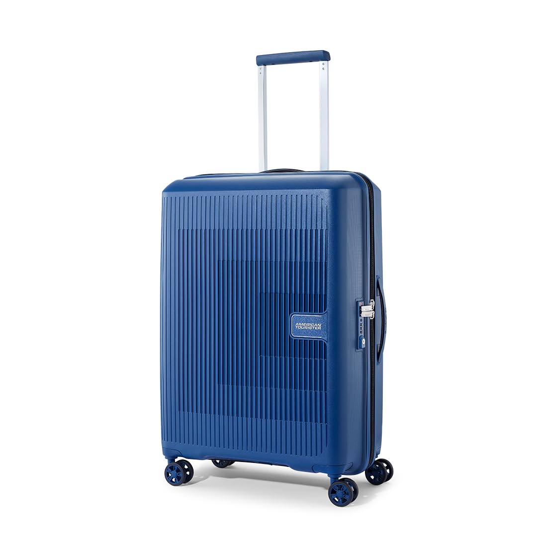 American TouristerAerostep 8 Wheel 67 Cm Checkin Inline Trolley Bag Hardshell Case Polypropylene 360 Degree Wheeling System Luggage,Inline Trolley Bag for Travel,Navy Blue,Medium