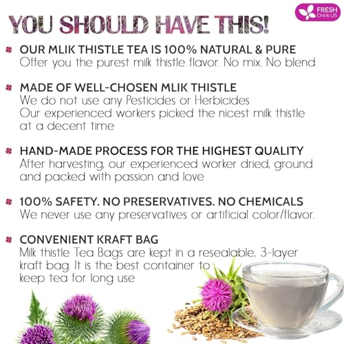 Image of Premium 135 Milk Thistle Tea Bags, 100% Natural & Pure from Milk Thistle Seeds. Made with Natural Material Tea Bags. No Sugar, No Caffeine, No Gluten, Vegan, Promote Cleansing & Wellness - With Antioxidants & Minerals