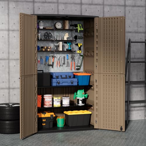Image of ZZM Large 67 Cu.ft Waterproof Storage Shed, Outdoor Storage Cabinet,Durable Resin Sheds for Patio Furniture, Garden Tools, Pool Accessories, Mower Storage (Coffee)