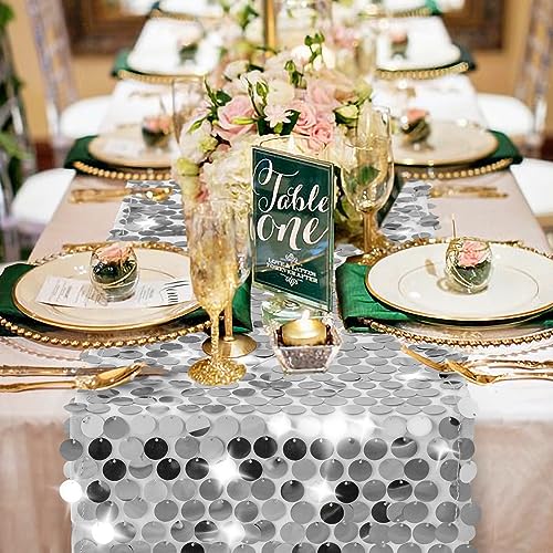 Pufogu 12 x 108 Inch Sequin Table Runner, Silver Glitter Premium Big Sequin Table Runner, Rectangle Table Runners for Halloween, Christmas, Wedding Party, Birthday Party, Banquet Decor (1 Pack). by Pufogu - Image 2