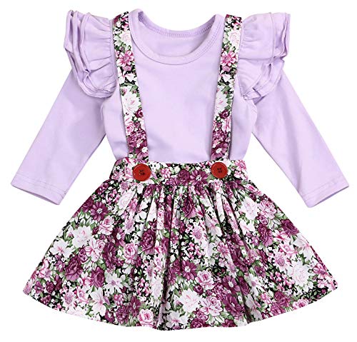 Toddler Girls Outfits 3pcs Baby Romper Clothes Set Girl Floral Jumpsuit+Strap Skirt Outfits Purple