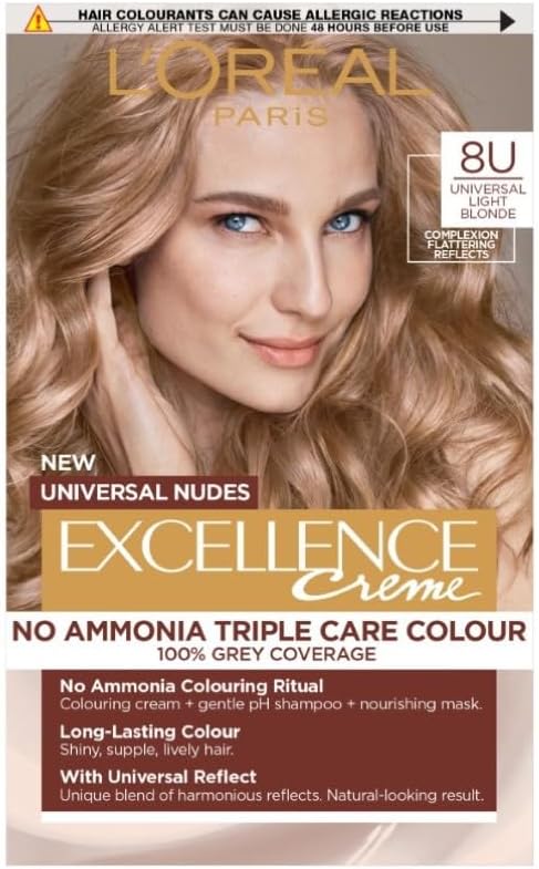 L'Orรฉal Paris Excellence Universal Nudes Hair Colour, Ammonia-Free, Micro-Keratine, Triple Care, 100% Grey Coverage, Radiance Boosting, 8U Universal Light Blonde
