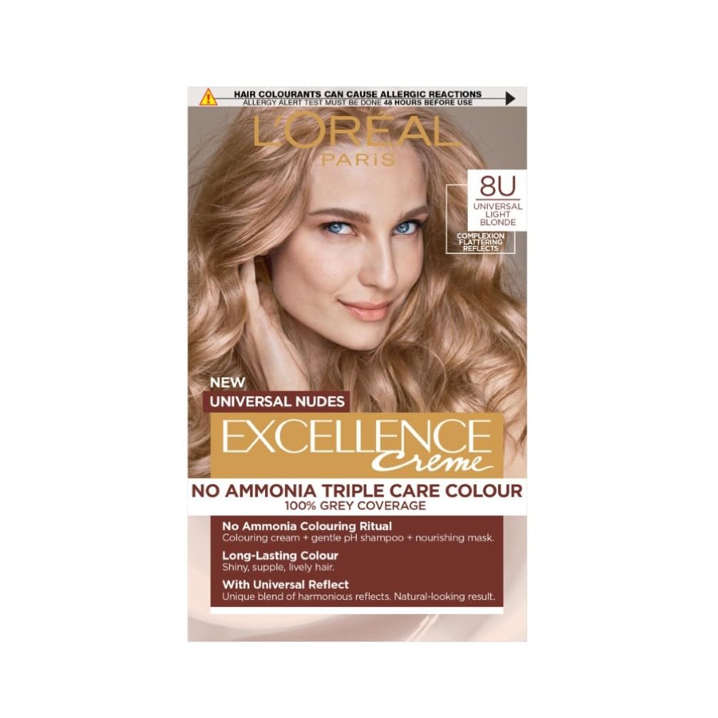 L'Oréal Paris Excellence Universal Nudes Hair Colour, Ammonia-Free, Micro-Keratine, Triple Care, 100% Grey Coverage, Radiance Boosting, 8U Universal Light Blonde
