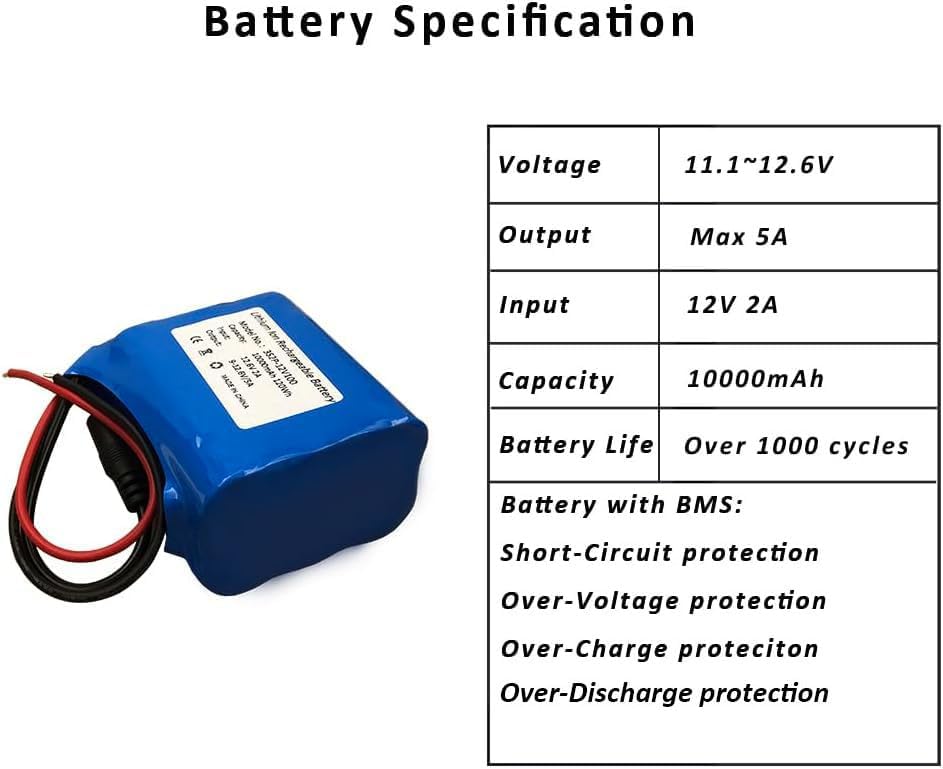 Miniatura 2 de Seasider Batería de litio recargable de 12 V 10000 mAh, batería de iones de litio de repuesto de cable de plomo desnudo con cargador de 12 V para