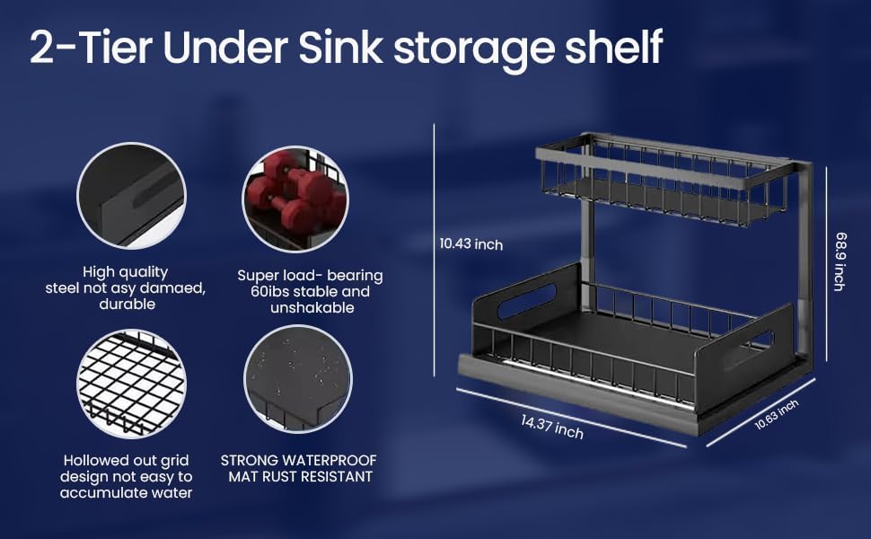 2 Tier Under Sink Storage & Organisation, Under Bathroom Cabinet Storage, Kitchen Sink Organiser Rack, Multi-purpose Under Sink Shelf Organizer (Black) image 3 of 8 B0DNMQS4JM