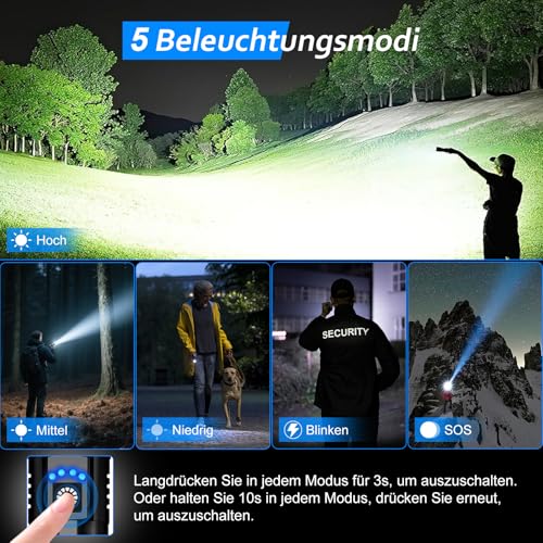Taschenlampe LED Extrem Hell USB C Aufladbar 50000 Lumen 24 Stunden Akkulaufzeit Taschenlampen Zoombare Torch mit 5 Lichtmodi IP67 wasserdicht, Akku Flashlight Taktische für Camping Wandern Notfäll