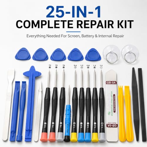 Image of 25 Pcs Mobile Repair Tool Kit, Precision Screwdriver Pry Opening Set with Suction Cups, Tweezers & Spudger for iPhone, Android Phone, Laptop, Tablet & Electronics DIY Repair