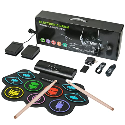Forstree Electronic Drum Set(Cordless&Rechargeable), 9 Pads Roll-Up Digital Practice Drum Kit For Teens, Beginners, With Double Build-In Stereo Speaker, Drum Sticks, Portable Gift For Kids, Christmas #TOP1