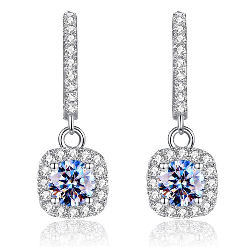 Handmade Sterling Silver Earrings Square Pave Setting Moissanite Dangle With Gift Wrapped Box For Her Woman Wife Girlfriend Daughter Present For Birthday Valentine Wedding Anniversary (ESM58) Thumbnail