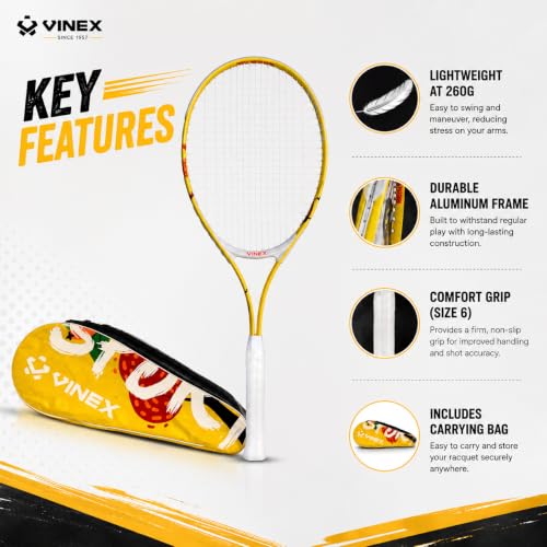 Image of VINEX VTEC T200 Tennis Racquet with Cover (Pack of 1) | 68 cm Aluminium Tennis Racket | Lightweight 260 g | Grip Size 6 | Two-Piece Strung Racquet with Carrying Bag | for Teens & Adults