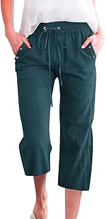 2025 - Pantalones 7/8 de color liso mezcla de lino para mujer, ajuste holgado, pantalones casuales con bolsillos Pantalones mujer S