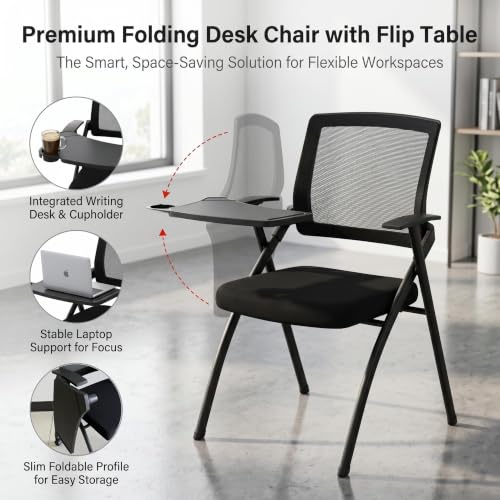 Image of [2 Pack] Folding Conference Room Chair with Writing Board & Cup Holder | Heavy-Duty Nesting Training Chairs,Mesh Back,Padded Seat,Comfy Foldable Office Guest Chairs,Seminar Meeting, Classroom