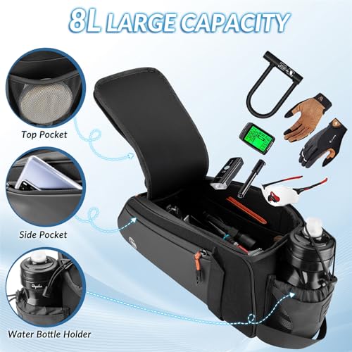 Image of WOTOW Rear Bike Rack Bag - 8L Waterproof Bicycle Trunk Bag with Water Bottle Holder, Reflective Panniers Bike Bags for Bicycles Saddle Back Seat Storage Cargo Luggage Pouch Shoulder Bag Women Men