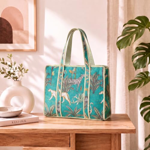 Image of 100% Cotton Jungle Print Shoulder Bag Tote Bag Women Reversible Shopping Bag and Grocery Bags Stylish Travel Bag Gift for Her