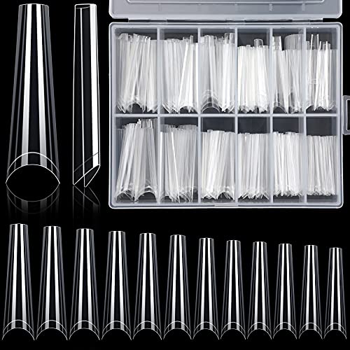 JULBEAR 180 PCS Extra Long Coffin Nail Tips C Curved Coffin Shaped Half Cover Clear Ballerina Acrylic False Nails for Nail Salons DIY Nail Art (12 Sizes)