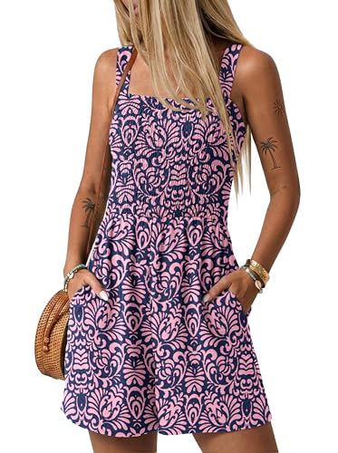 Image of Lepunuo Womens Rompers for Summer Casual Smocked Jumpers Overalls Square Neck Jumpsuits with Pockets Beach Vacation