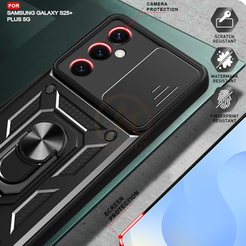 Image of Armor Bumper Back Cover Case for Samsung Galaxy s25 Plus 5g Rotating Camera Cover, Ring Holder & Kickstand | Heavy Duty & 360 Degree Protection Samsung Galaxy s25 Plus 5g Back Cover (Black)