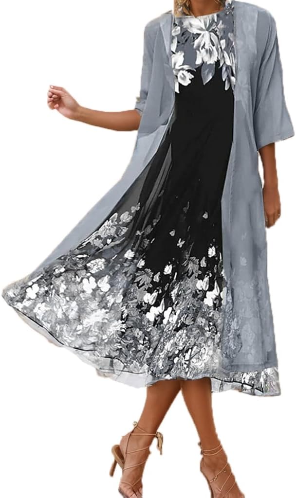 Womens Summer Flowy Chiffon Floral Maxi Dresses with Jacket 2 Piece Sets Cocktail Wedding Guest Dresses