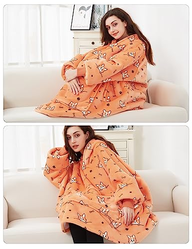 Image of KFUBUO Wearable Blanket Hoodie for Adults With Pocket All Patterns Corgi | Sherpa, Fuzzy Blanket Hoodie, Oversized Sweatshirt Blanket, Kangaroo Pouch, Gifts for Mom, Cozy Gifts