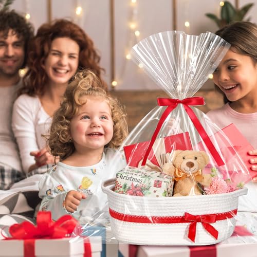 Image of Colingmill 1 Set Woven Basket for Gift Empty with Cellophane Wrap Set 14 x 10 x 5.5 Inch, Medium Decorative Gift Basket Empty to Fill, Cotton Rope Storage Box Decor (White Red)