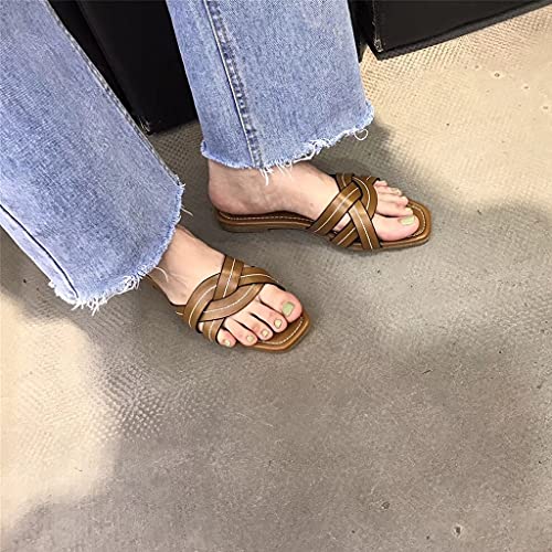 Womens Square Open Toe Flat Slipper Flip Flops Sandals Women Summer Sandals Slippers Open Weave Flats Slip On Cute Sandals For Women Casual Summer Vacation Essentials ( Color : Brown , Size : EUR38 )2