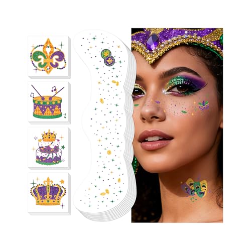 EMOME Mardi Gras Decorations Mardi Gras Freckles Face Tattoos with Body Glitter Temporary Tattoo Stickers Mardi Gras Costume Outfit Makeup Accessories Carnival for Women Girls Party Favors