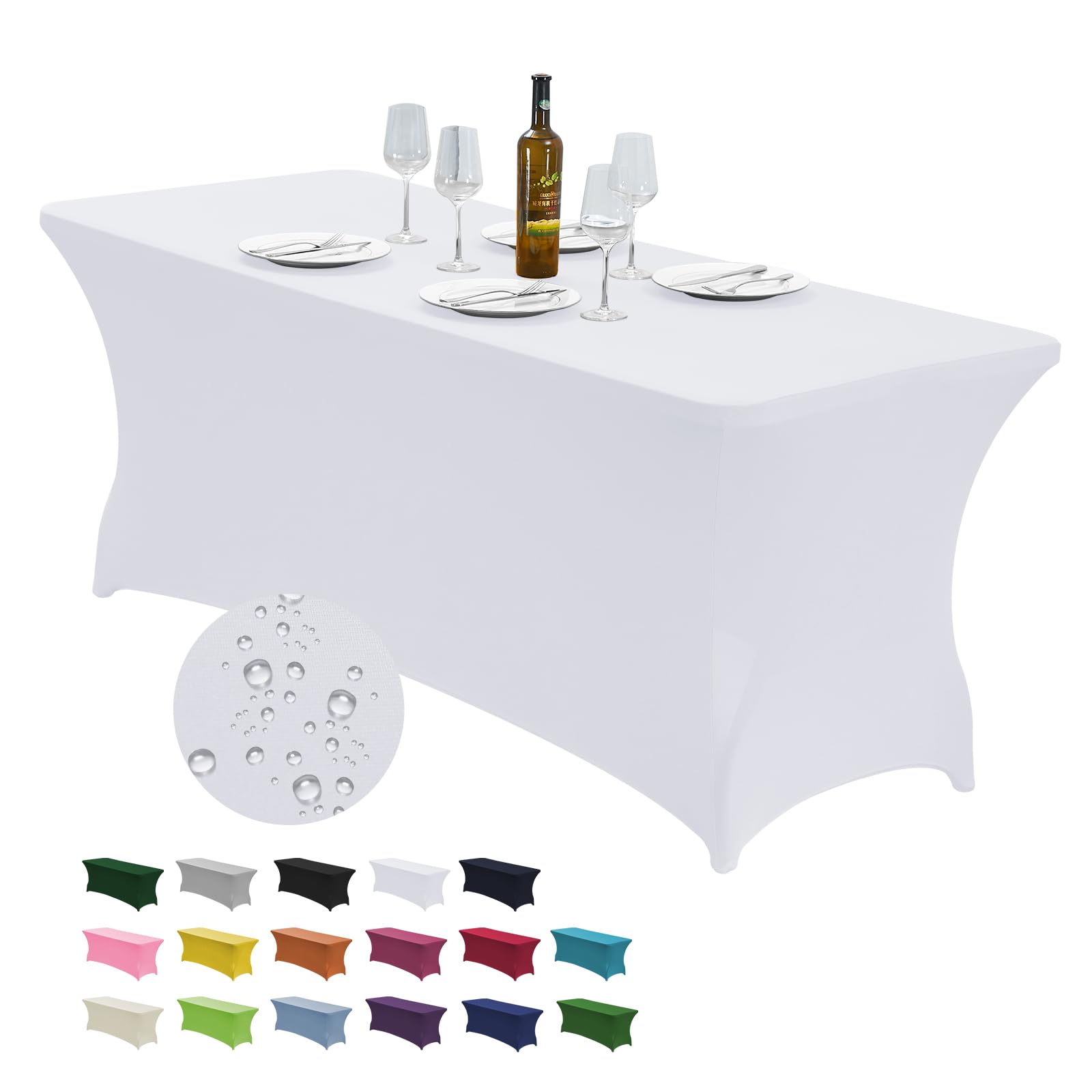 CWK 6FT Stretch Spandex Table Cover for Rectangular Fitted Folding Tables, Wrinkle Resistant, Elastic Stretchable Patio Tablecloth Protector for Party, Banquet, Wedding and Events (White)
