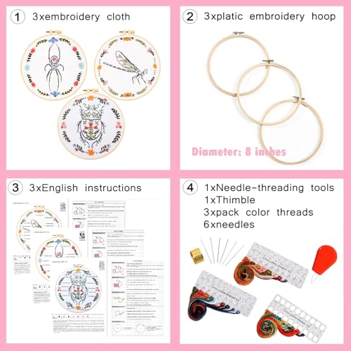 Image of Armindou Hand Embroidery Kits for Beginners Adults, Insect Flowers Embroidery Set Needlepoint Kits, Spider Stamped Cross Stitch Kits for Beginners Adults, 3 Embroidery Hoops (Attached Video Tutorial)