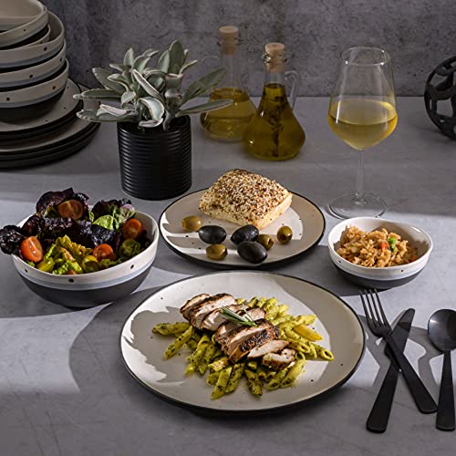 Image of Gibson Elite Rhinebeck 16-Piece Double Bowl Dinnerware Set, Service for 4 - White and Black Stoneware Plates and Bowls