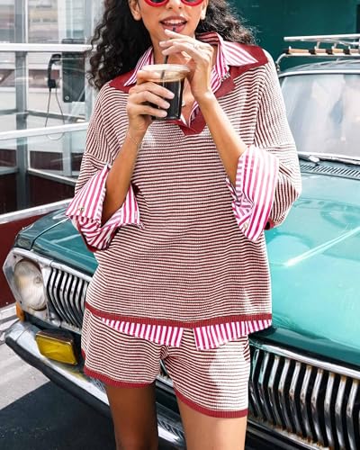 Image of Tankaneo Womens Sweater Set 2 Piece Outfits Oversized 3 /4 Sleeve V Neck Knit Tops High Waisted Shorts Lounge Sets
