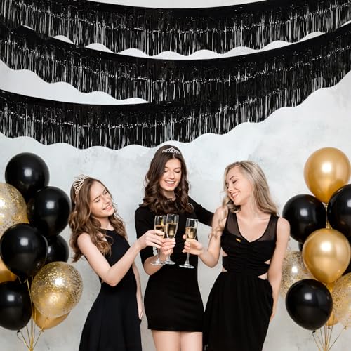 Image of LOLStar Black Foil Fringe Tinsel Garland, Tinsel Streamers Banner, 6 Pack | 60Ft Tinsel Streamers, Shiny Black Wall Hanging Tinsel Fringe Banners for Bachelorette, Halloween, New Year Party Decor