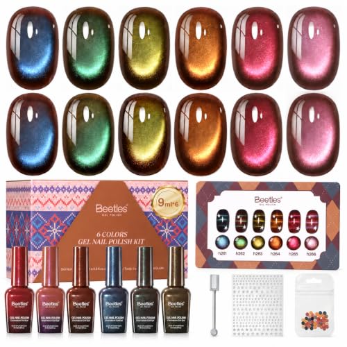 Beetles Mocha Sweater Cat Eye Gel Nail Polish Set, 6 Colors 9ml Fall Gel