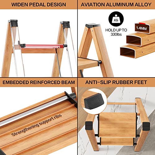 GameGem 2 Step Ladder, Aluminum Folding Step Stool with Anti-Slip Sturdy and Wide Pedal, Lightweight Portable Multi-Use Stepladder for Home and Kitchen Use Space Saving, Woodgrain, 330 lbs - Image 6