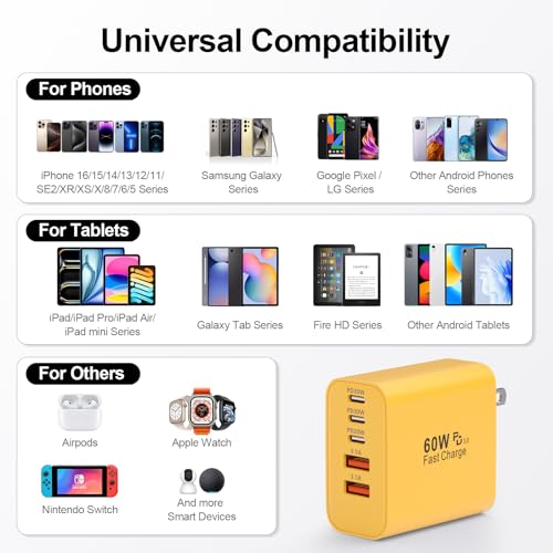 Image of USB C Charger Block, 60W 5-Port Type C Charger Fast Charging Blocks | USBC Multiple Port Wall Charger Plug for iPhone 17 /16 /15 /14 /13 /12 /11 Pro Max, Samsung Galaxy, Android Phone, iPad, Yellow