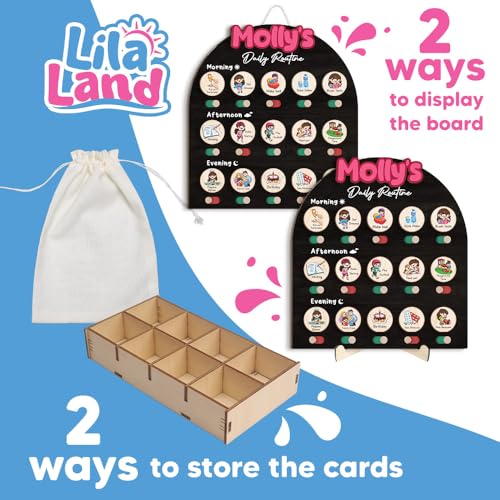 Image of Personalized Wooden Chore Chart for Kids, Daily Routine Chart for Toddlers, Visual Schedule for Kids Age 3-5, Morning Bedtime Routine for Girls (08)
